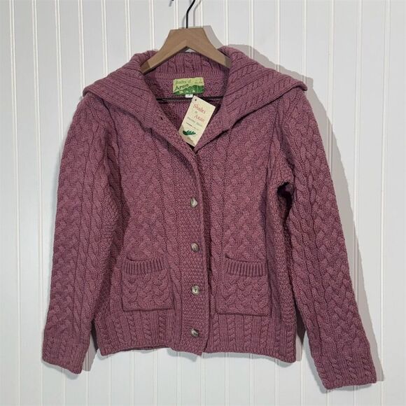 NWT Shades of Aran Ireland Merino Wool Cable Knit Hoodie Cardigan Sweater S Pink - Picture 1 of 10